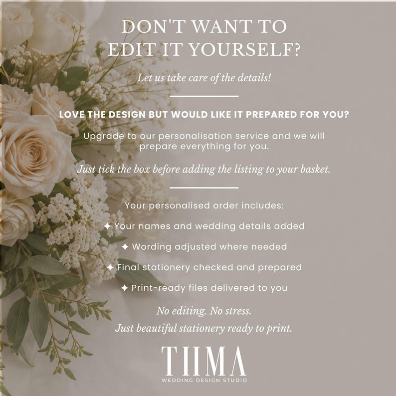 May include: A graphic advertisement featuring a bouquet of white roses and baby's breath on the left, with text on the right explaining a personalization service for wedding stationery, including the brand name TIIMA Wedding Design Studio.