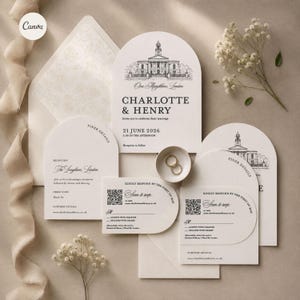 May include: An arched wedding invitation suite featuring black text and a building illustration on cream cardstock. Includes a main invitation for Charlotte & Henry, reception details, and RSVP cards with QR codes. Two gold rings sit in the center.
