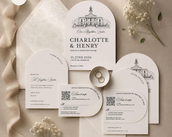 Arched Wedding Invitation Suite | Venue Illustration Invite | Black & White Canva Wedding Template | Isabelle (Digital Download)