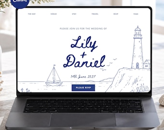 Whimsical Coastal Wedding Website Template | Hand-Drawn Seaside Design (Canva Editable)