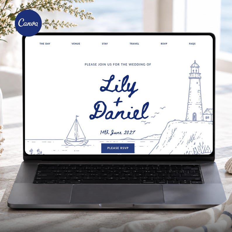 May include: A laptop screen displaying a wedding website template with a white background and dark blue text. The design features a lighthouse and sailboat illustration, the names Lily and Daniel, the date 14th June 2027, and a Please RSVP button.