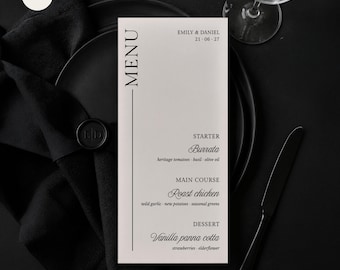Editable Wedding Menu Template, Black and White Wedding Menu, Modern Minimalist Menu Card, Canva Template, Amara