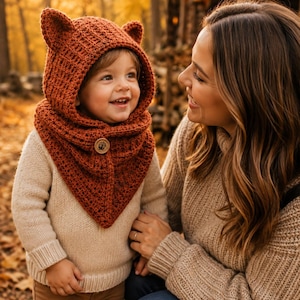 May include: A rust-colored crochet hood with pointed ears and a single wooden button closure at the neck. The hood features a textured stitch pattern and covers the head and upper chest, worn over a cream-colored long-sleeve knit sweater.