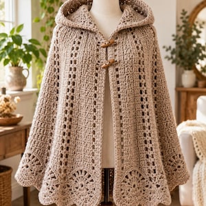 May include: A beige hooded crochet cape featuring a vertical openwork stitch pattern and two wooden toggle closures at the neckline. The hem is finished with a scalloped edge detail consisting of circular motifs, creating a textured appearance.