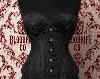 Black Gothic Brocade Corset, Steel Boned Overbust Waist Trainer, Victorian Bustier
