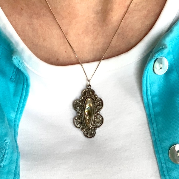 Mexican Sterling Silver Necklace Vintage Abalone Pendant