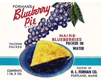 1 Blueberry Pie Can Label, Vintage Retro Print, Portland Maine Kitchen Wall Art