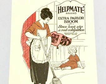 Etiqueta de caja antigua: Amsterdam Broom Co Helpmate Parlor Mother, NY Anuncio de limpieza