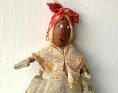 Pecan Nut Doll, African American Folk Art, Sideways Look, White Cotton Hair, 6 Tall