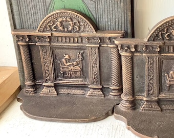 Set of 2 Antique 1920s Cast Iron Bookends, Figural Woman Sewing Weaving Arts and Crafts