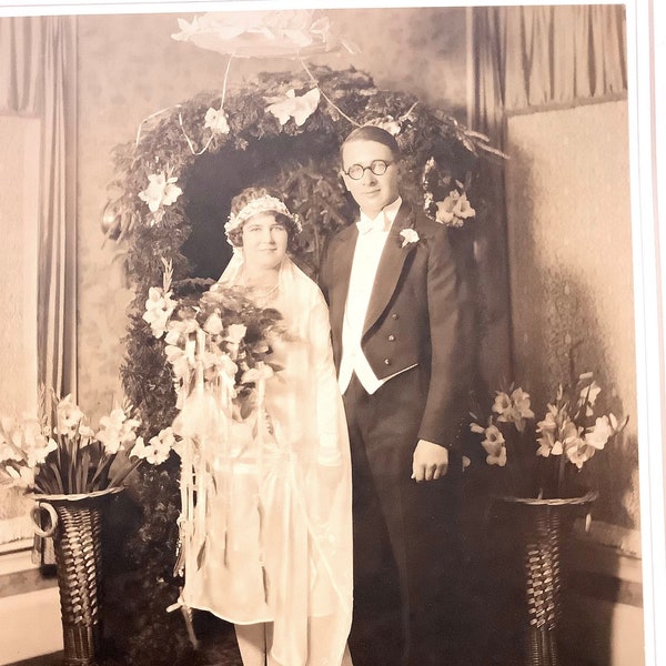 Large Antique Wedding Sepia Photo in Folio 20s Folder Almost 8x10”