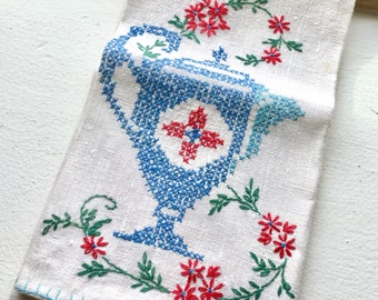 Cross Stitch Linen Tea Towel, Blue Red & White Glass Cloth