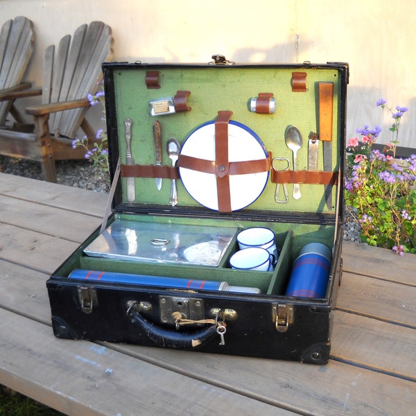 Antique Auto Picnic Set 1920s Trunk Running Board Porcelain Enamelware