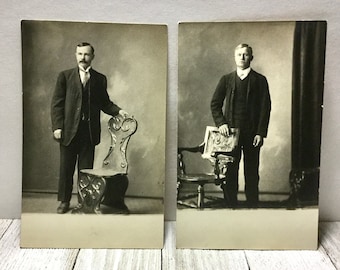 Man w Chair Portraits, Set 2 Real Photo Post Card