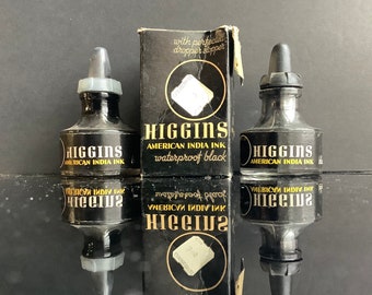 Higgins Ink Bottles Lot of 2, Retro Calligraphy, Art Studio or Mid Century Office Prop