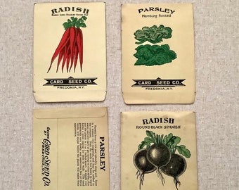 Lot of 4 Card Seed Co Seed Packets Radish & Parsley Garden Graphic Art