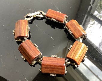 Wooden Link Bracelet, mid Century Earthy Brown Wood