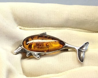 Amber Dolphin Sterling Silver Brooch Vintage Modernist Pin