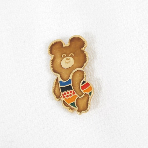 Misha the Bear Russian Enamel Olympic Pin • 1980 Rainbow Swimsuit