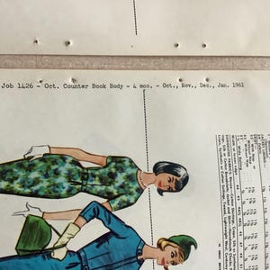 Puede incluir: Una hoja de patr&oacute;n de costura vintage con ilustraciones de dos figuras que visten un vestido floral verde y una chaqueta azul con sombrero a juego. El texto dice Job 1426 - Oct. Counter Book Body - 4 mos. - Oct., Nov., Dec., Jan. 1961, junto a una tabla de telas.