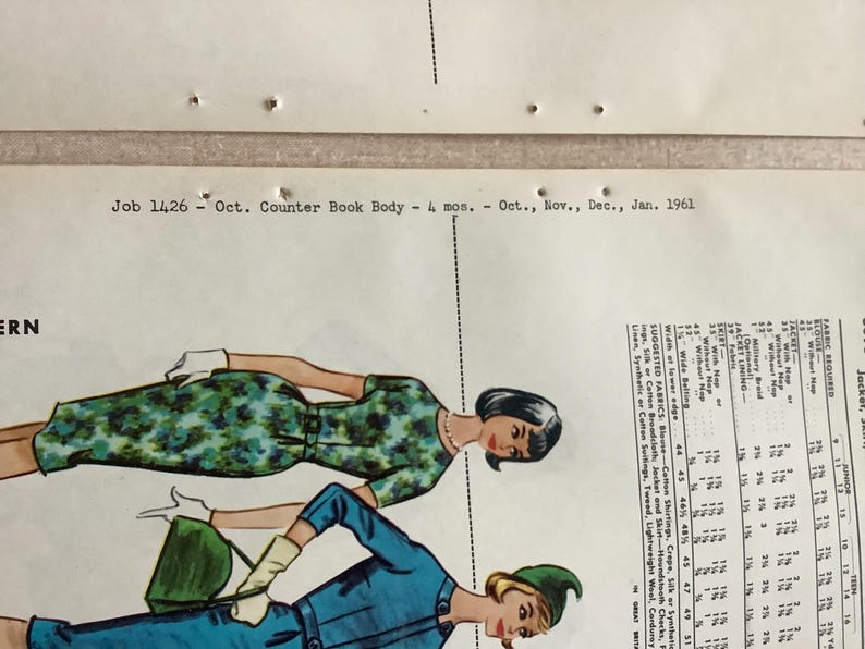 Puede incluir: Una hoja de patr&oacute;n de costura vintage con ilustraciones de dos figuras que visten un vestido floral verde y una chaqueta azul con sombrero a juego. El texto dice Job 1426 - Oct. Counter Book Body - 4 mos. - Oct., Nov., Dec., Jan. 1961, junto a una tabla de telas.