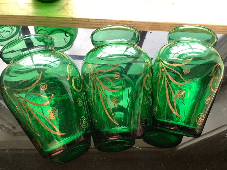 Green and Gold Glass Vase Small Vintage Anchor Hocking for your Window Gold has some wear