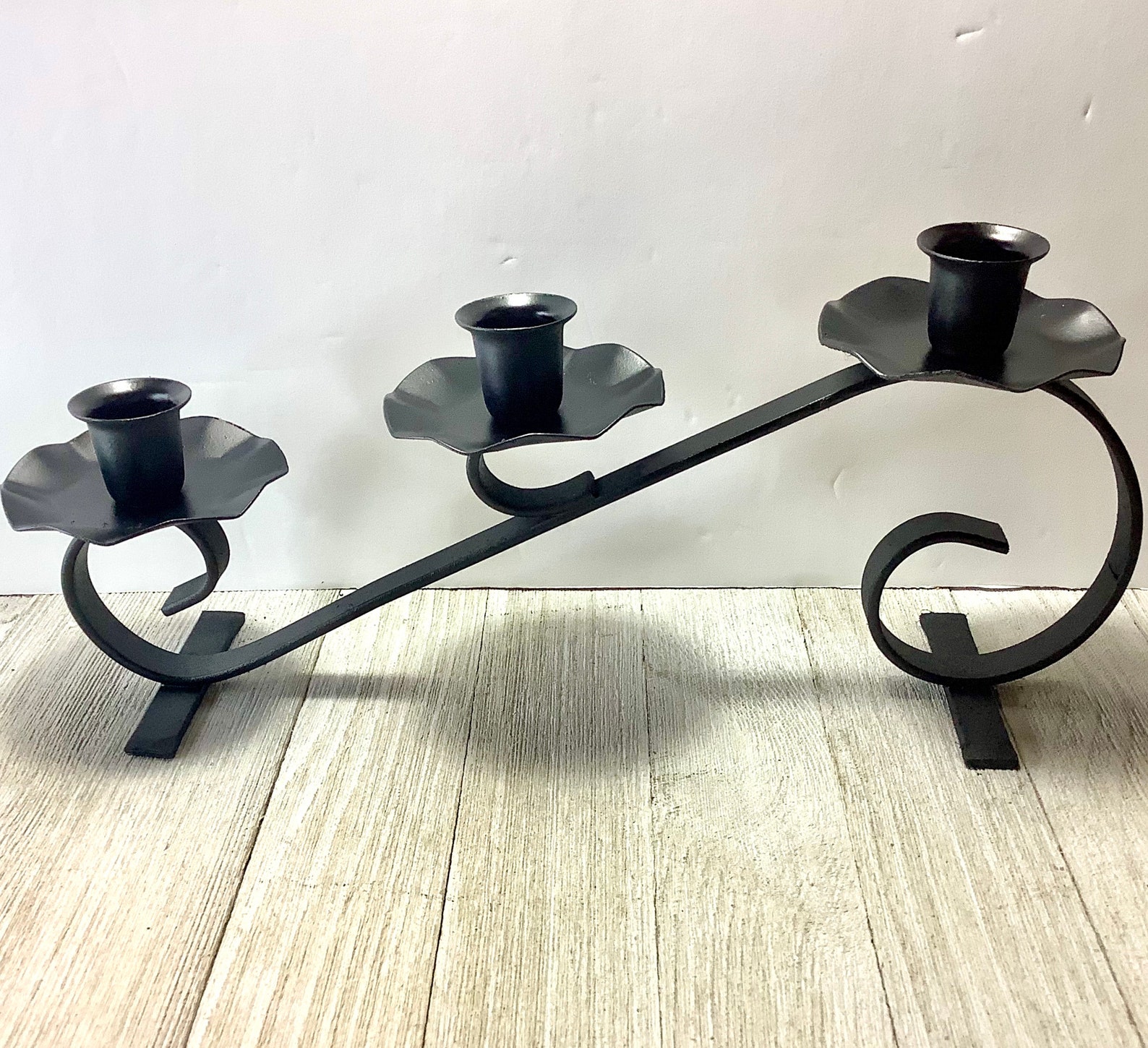 Black Wrought Iron Candelabra Stepped Primitive Candle Holder Etsy