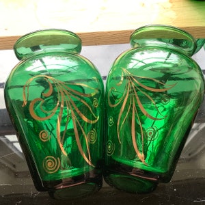 Green and Gold Glass Vase Small Vintage Anchor Hocking for your Window Gold better cond