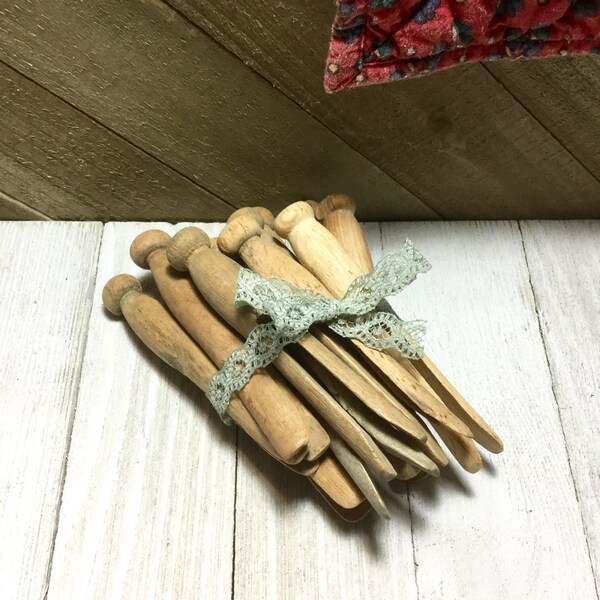 12 Antique Peg Clothespins, Hand Carved Wood Laundry Decor