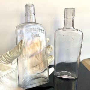 PICK 1 Warranted Oval Flask, Small Antique Glass Liquor Bottle, Amethyst Gin or Whiskey Bottle