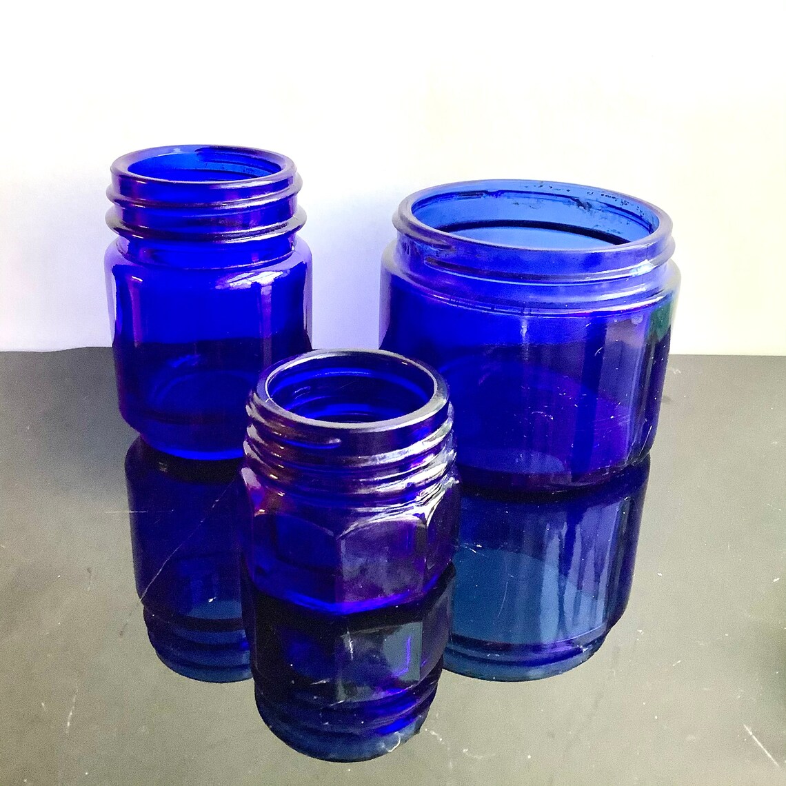 Lot of 3 Cobalt Blue Glass Jars Vintage Noxzema Vick's Etsy