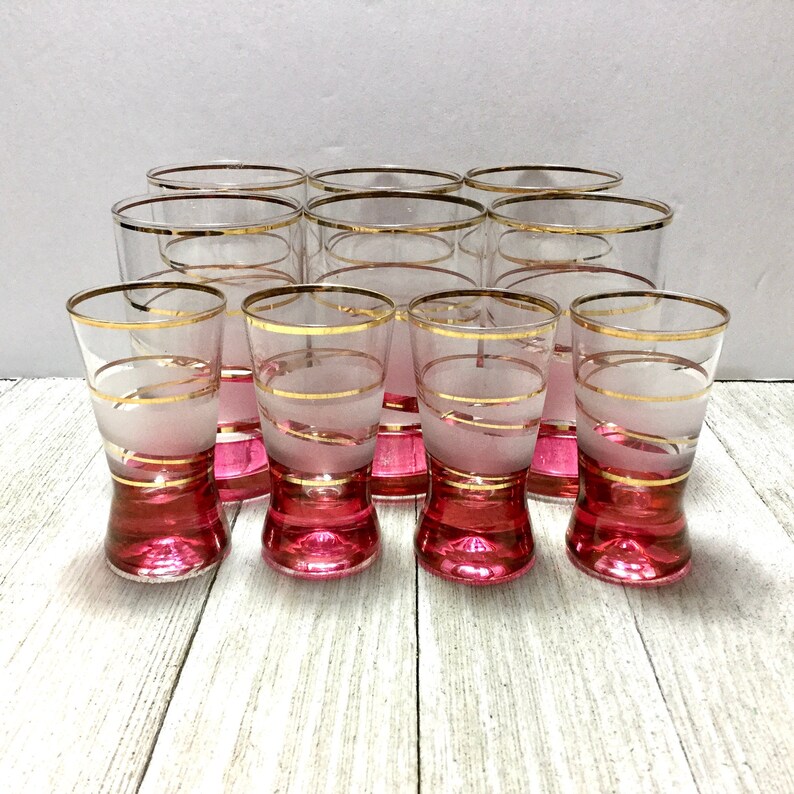 Bohemian Juice Shot Glass Set Gold Trimmed Red Frosted Etsy