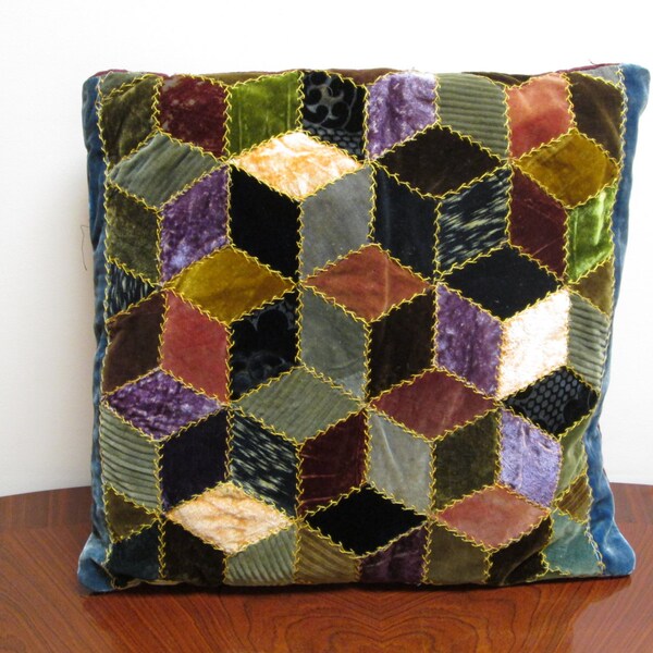 Quilted Velvet Pillow - Falling Blocks - Primitive Diamonds - Tumbling Blocks