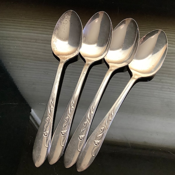 Set 4 Cherie Hollywood Regency Teaspoons, Oneida Carlton Silverplate, Mid Century Floral