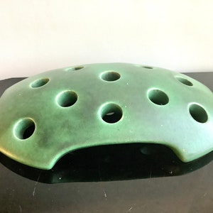 Matte Green Flower Frog: Vintage Art Pottery, 13 Holes Oval or Rectangle