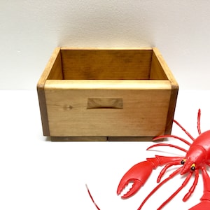 May include: A rectangular wooden box with light brown sides and a darker brown base, featuring a small horizontal indentation on the front panel. A bright red plastic lobster toy with black and yellow eyes is positioned to the right of the box.