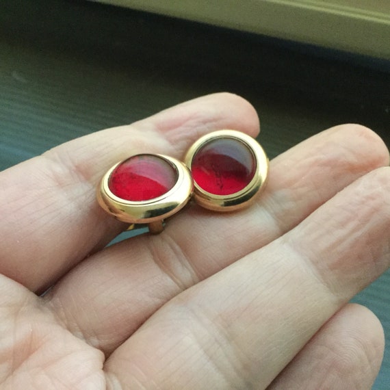 Red Swank Cuff Links Ruby Glass & Gold Plated Cuf… - image 3