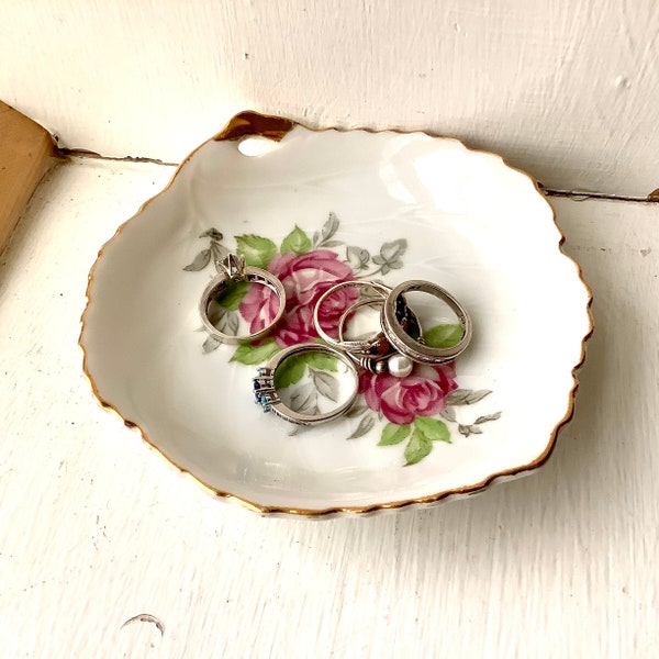 Floral Nappy Bowl Small Plate w Pink Roses Vintage Japan Porcelain Ring Dish