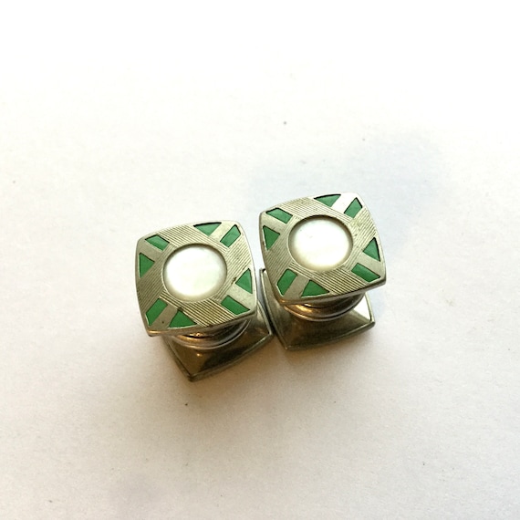 Jadeite Green BAER & WILDE Cufflinks Art Deco Kum… - image 1