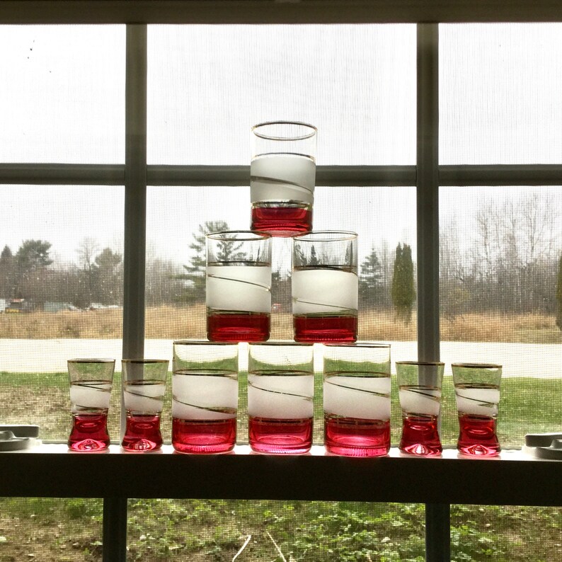 Bohemian Juice Shot Glass Set Gold Trimmed Red Frosted Etsy