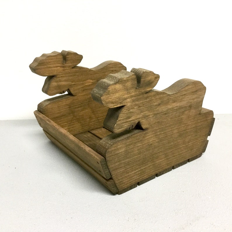 Maine Moose Planter Vintage Hand Made Rustic Pine Wood Napkin Holder