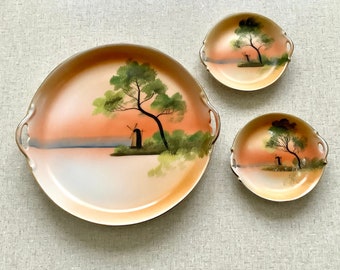 Noritake Marimura Tray w Coasters Tree Meadow Windmill Sunset Japan