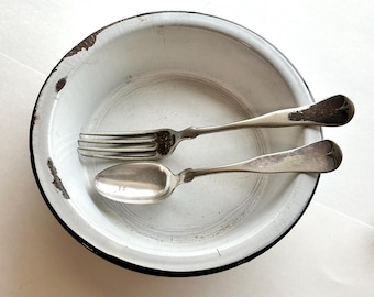 Reenactor Set Fiddle Dinner Fork & Teaspoon: Homey Antique Silverplate Flatware AS-IS