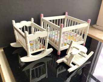 Set of 3 White Wooden Doll Furniture, Crib, Rocking Bassinet, Rocking Horse for Baby Infant