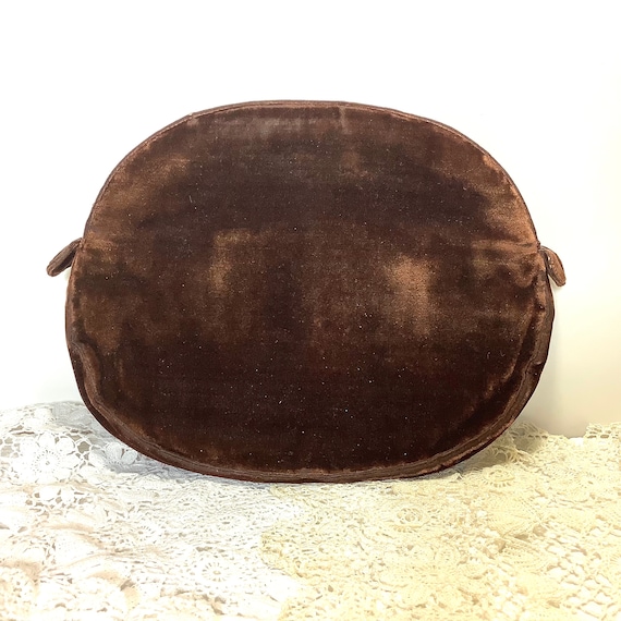 Brown Velvet Oval Clutch Purse Vintage Formal Zip… - image 1