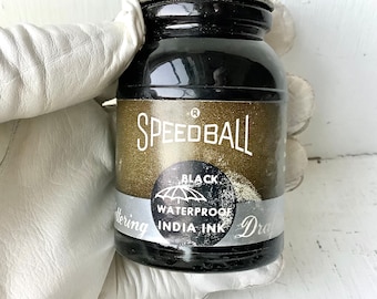 Vintage Speedball Black Ink Bottle w Label, Retro Screw-Top w Label & Lid