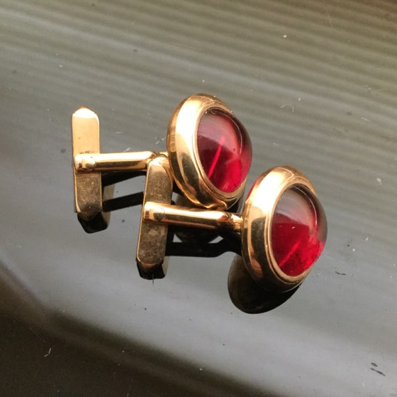 Red Swank Cuff Links Ruby Glass & Gold Plated Cuf… - image 1