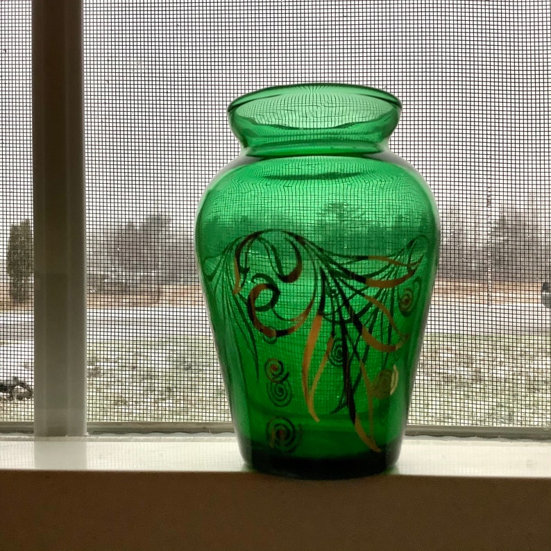 Green and Gold Glass Vase Small Vintage Anchor Hocking for your Window image 4