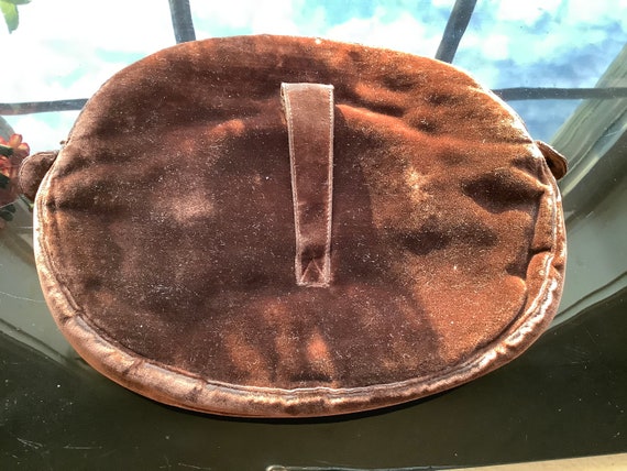 Brown Velvet Oval Clutch Purse Vintage Formal Zip… - image 3