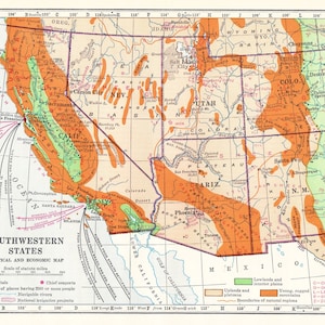 May include: A vintage map of the Southwestern United States, showcasing political and economic features. The map uses a color scheme of green, orange, and beige to highlight different geographical regions, including mountains and lowlands. Text includes state names and key cities.
